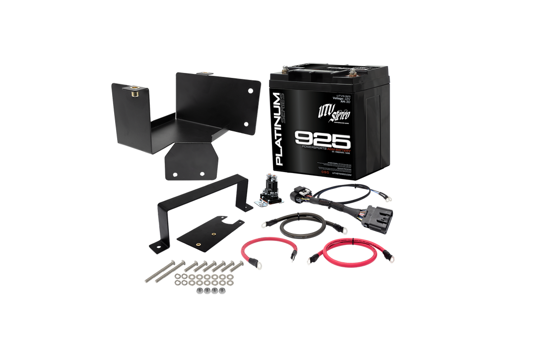UTV Stereo 925 AGM battery kit with mounting bracket, cables, circuit breaker, and hardware