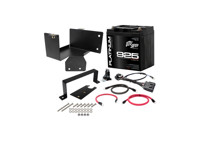 UTV Stereo 925 AGM battery kit with mounting bracket, cables, circuit breaker, and hardware