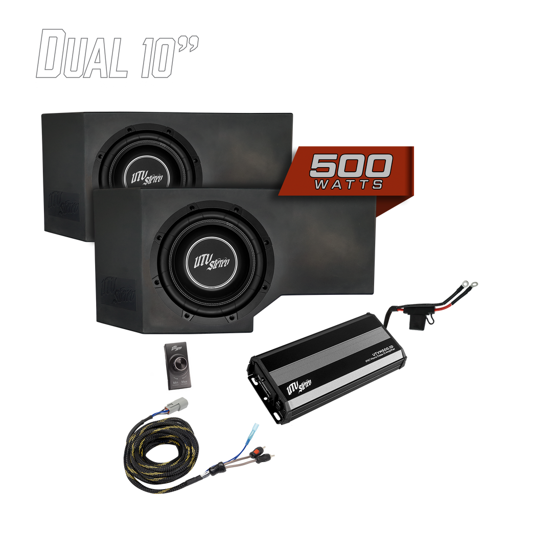 UTV Stereo dual 10 inch subwoofer enclosure kit with 500 watt amplifier and wiring