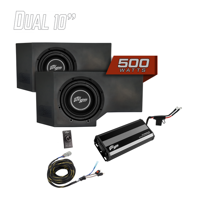 UTV Stereo dual 10 inch subwoofer enclosure kit with 500 watt amplifier and wiring