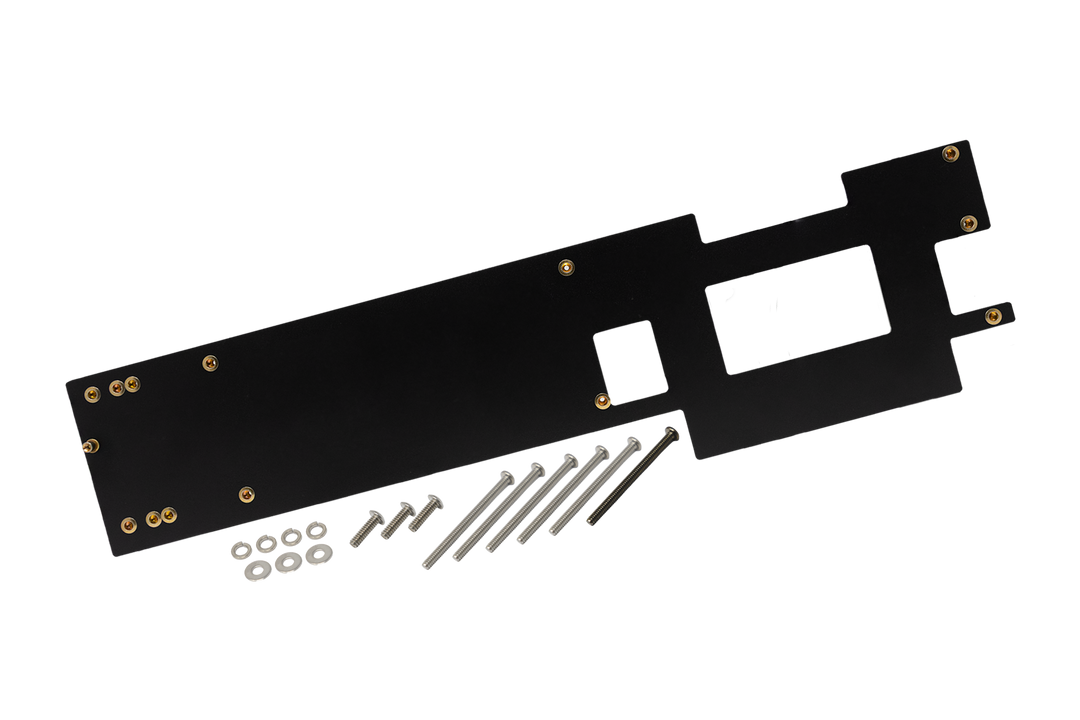 Black metal mounting plate with hardware screws and washers