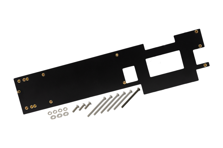Black metal mounting plate with hardware screws and washers