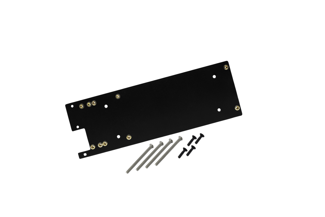 Black metal mounting plate with predrilled holes and included silver and black screws