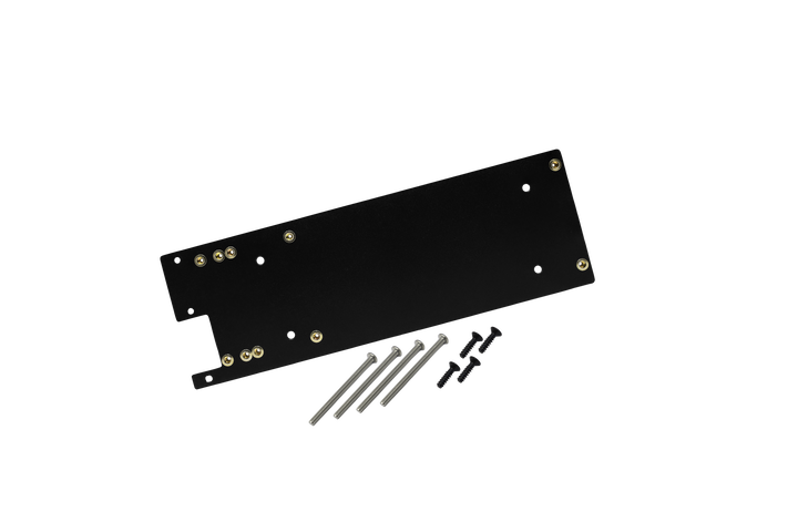 Black metal mounting plate with predrilled holes and included silver and black screws