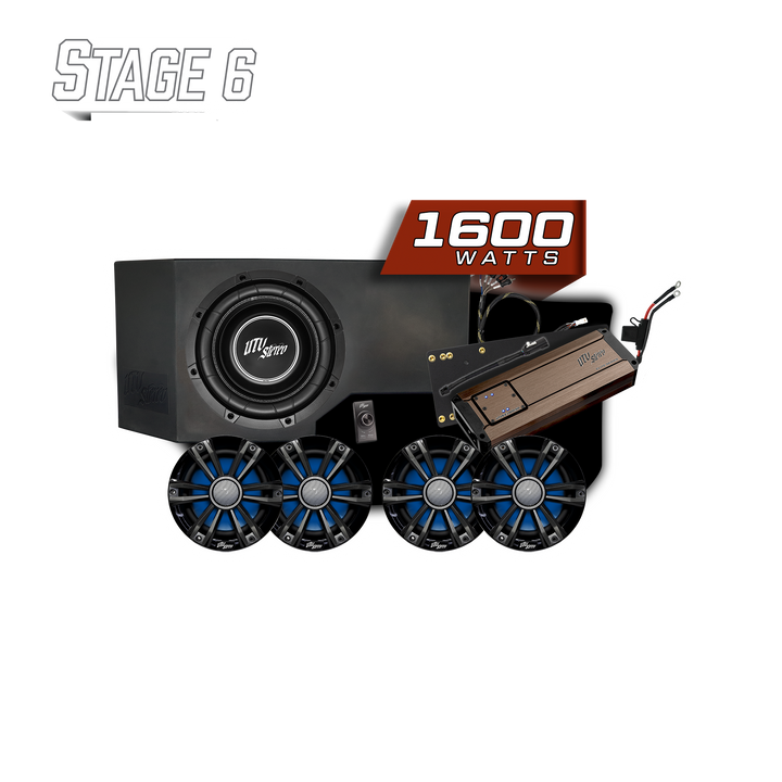UTV Stereo Stage 6 audio system with subwoofer amplifier and four speakers