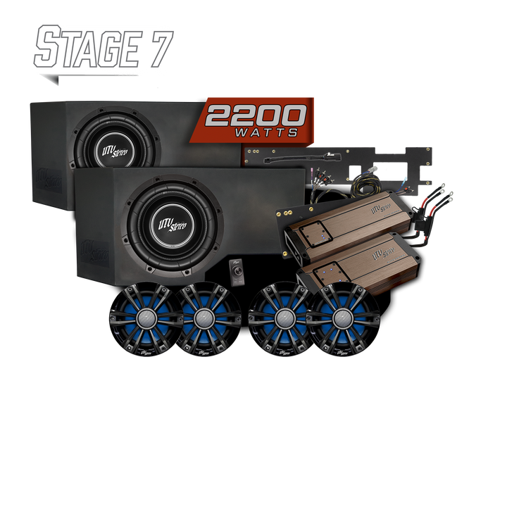 UTV Stereo Stage 7 audio system with two subwoofers, four speakers, two amplifiers, and wiring components