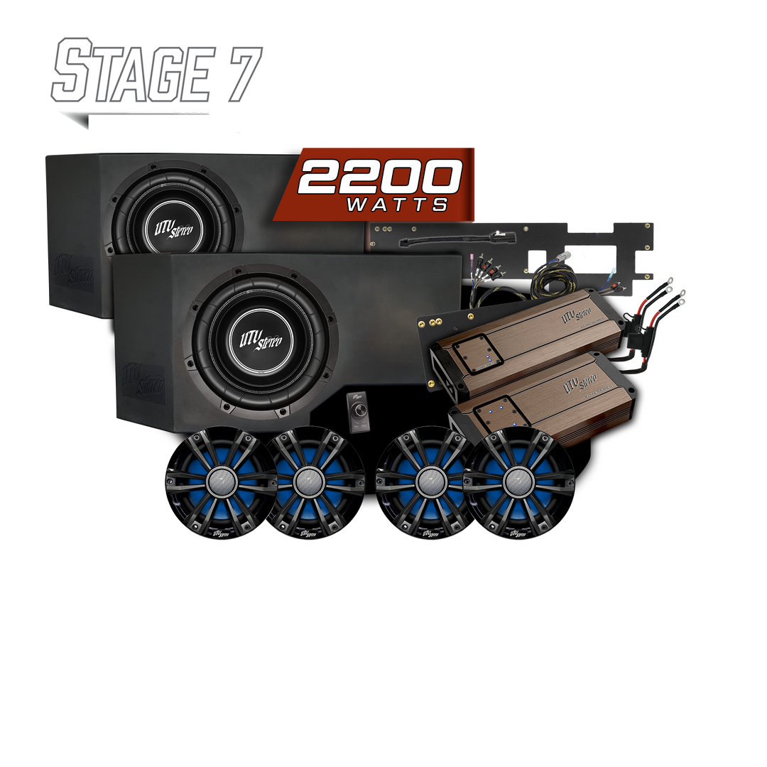 UTV Stereo Stage 7 audio system with subwoofers, amplifiers, and speakers