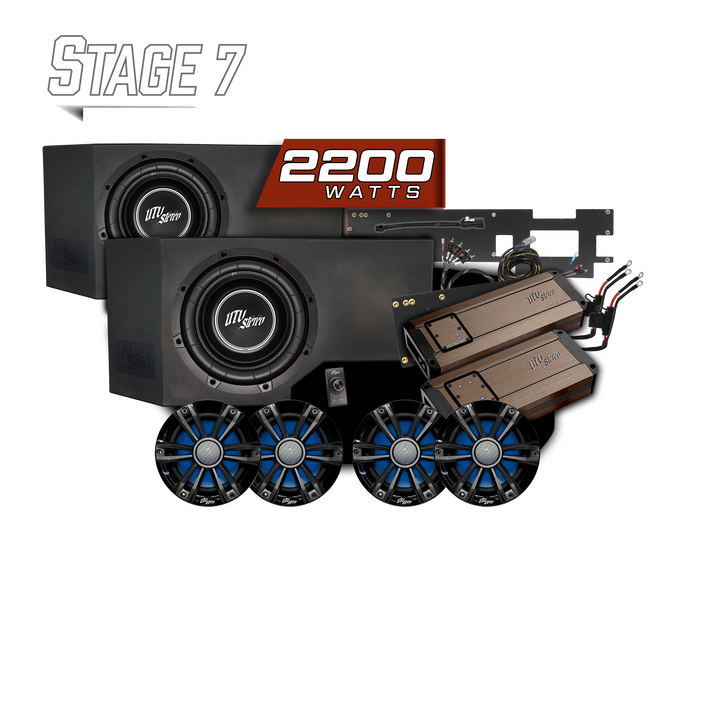 UTV Stereo Stage 7 audio system with subwoofers, amplifiers, and speakers