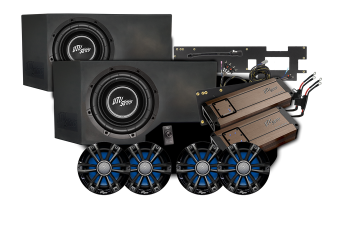 UTV Stereo audio system kit with two subwoofers four speakers two amplifiers and wiring harness