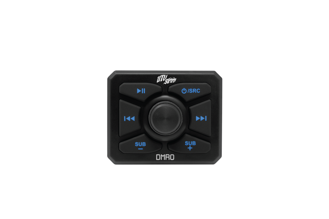 UTV Stereo DMRO remote control with playback and subwoofer adjustment buttons