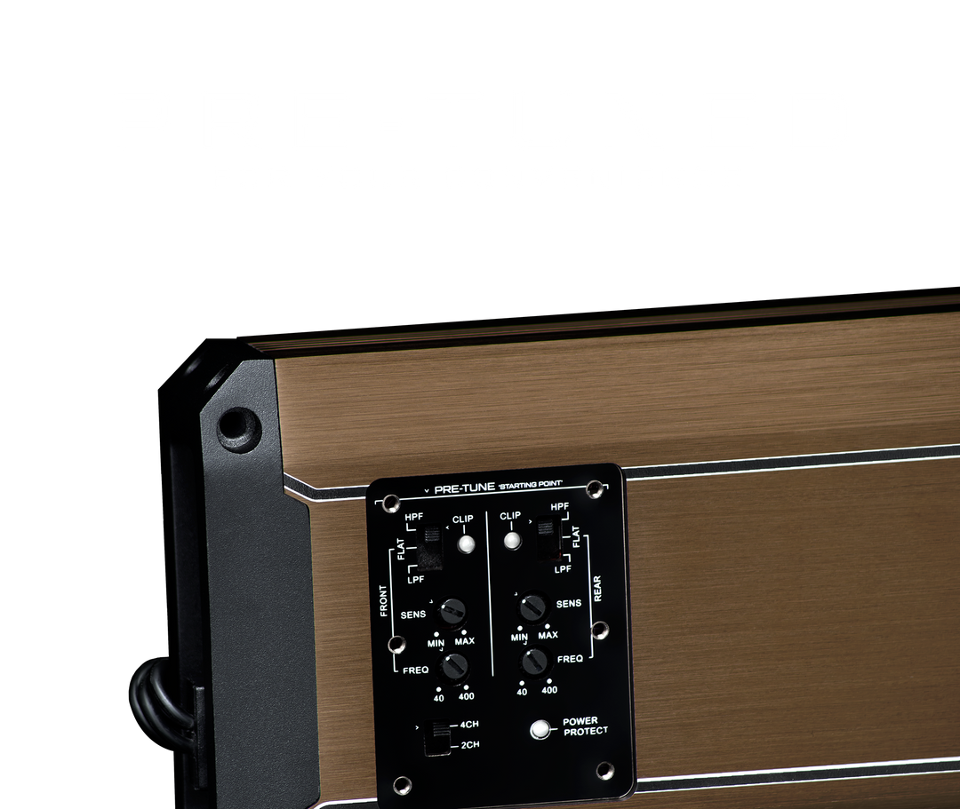 UTV Stereo amplifier control panel with frequency and sensitivity adjustment knobs