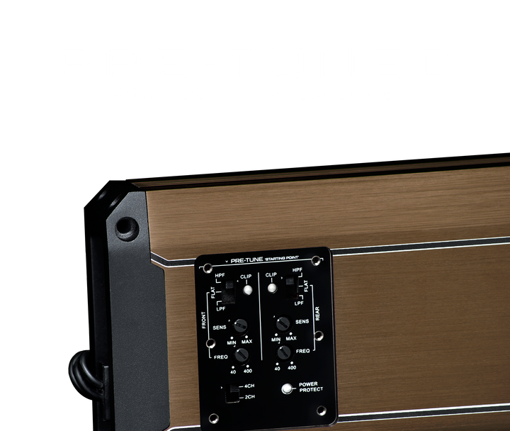 UTV Stereo amplifier control panel with frequency and sensitivity adjustment knobs