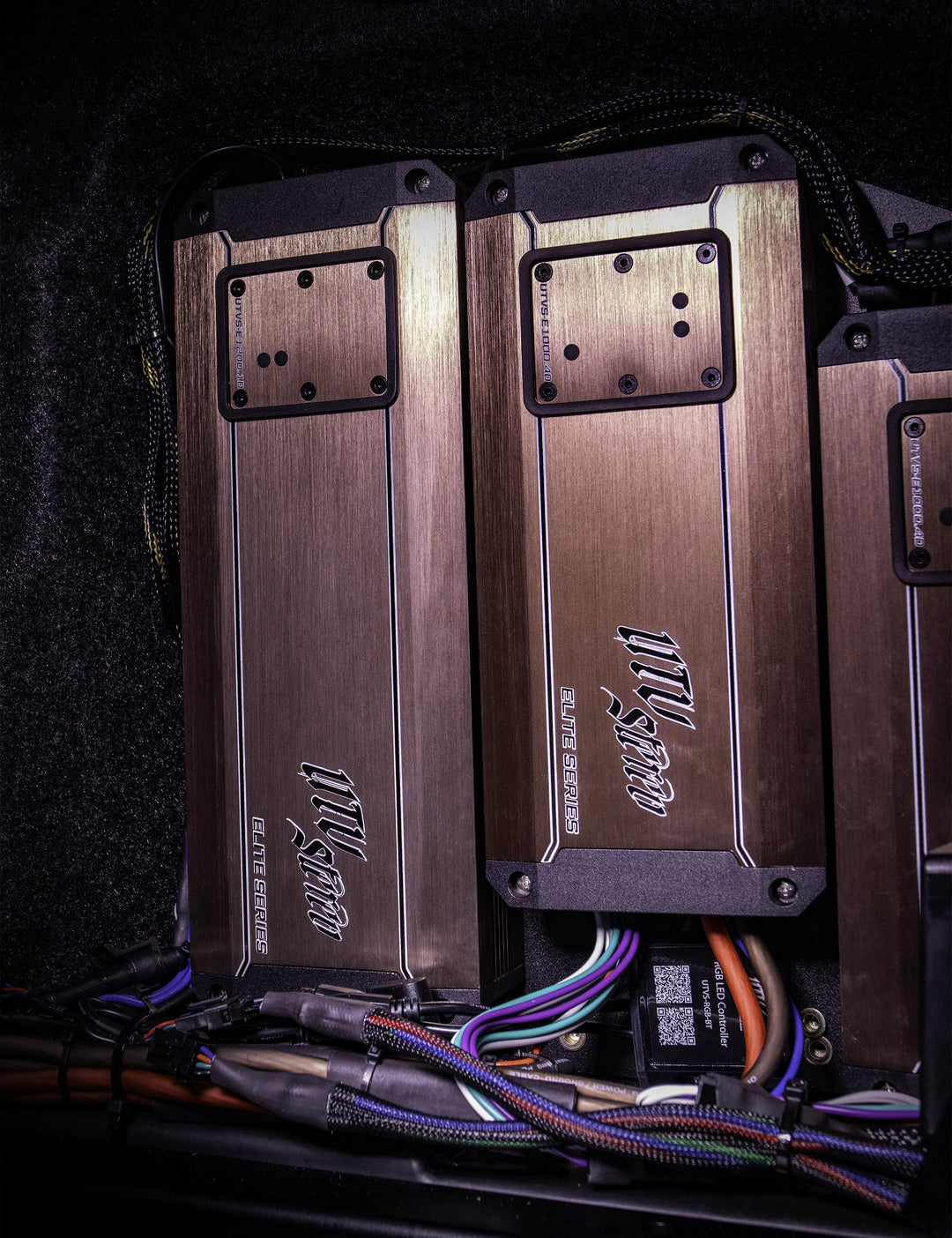 UTV Stereo Elite Series amplifiers with wiring and RGB LED controller