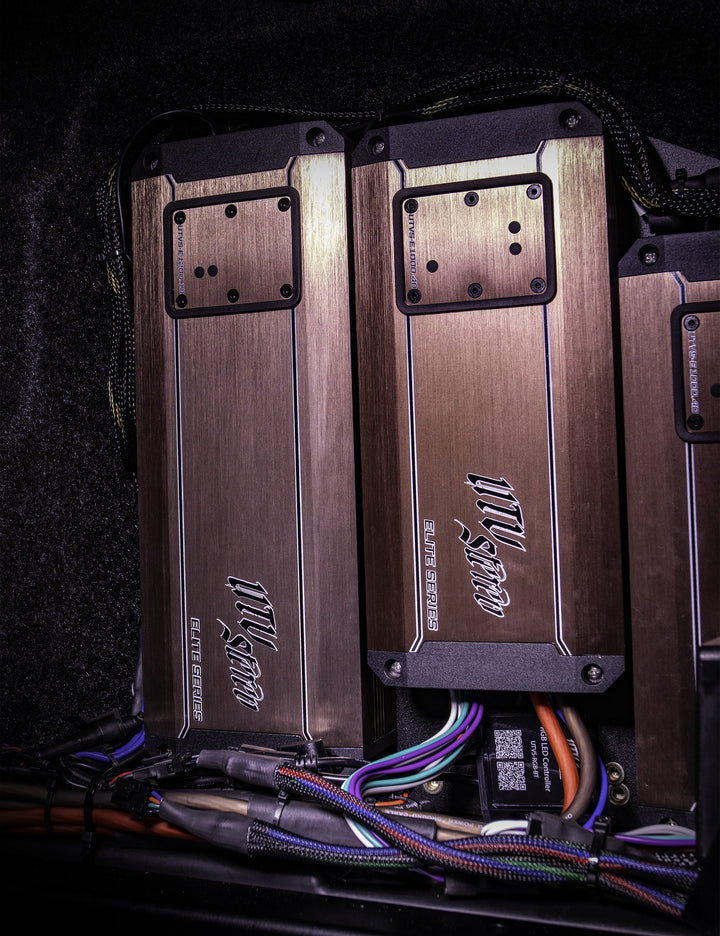UTV Stereo Elite Series amplifiers with wiring and RGB LED controller
