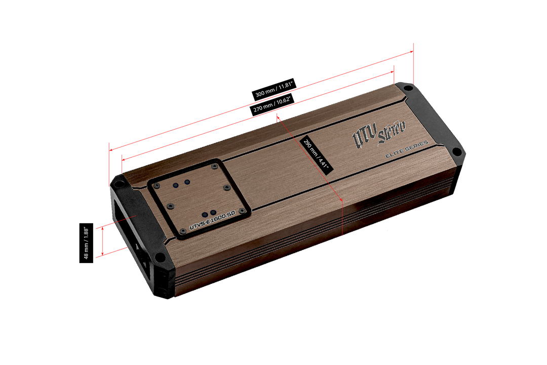 UTV Stereo Elite Series amplifier with technical dimension labels