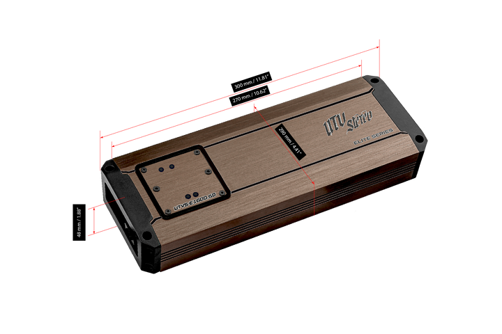 UTV Stereo Elite Series amplifier with technical dimension labels