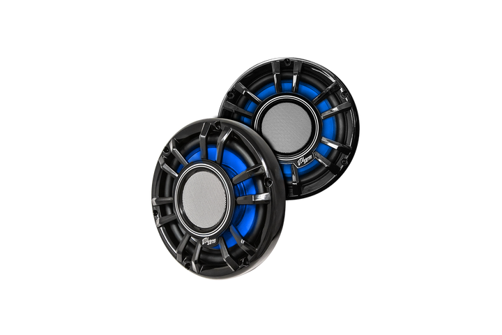 Two UTV Stereo round speakers with black grilles and blue accents