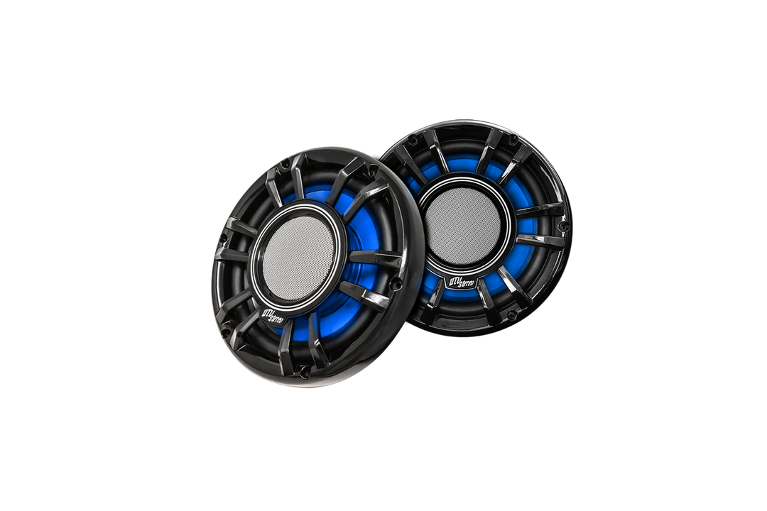 Pair of UTV Stereo circular speakers with black grilles and blue accent lighting