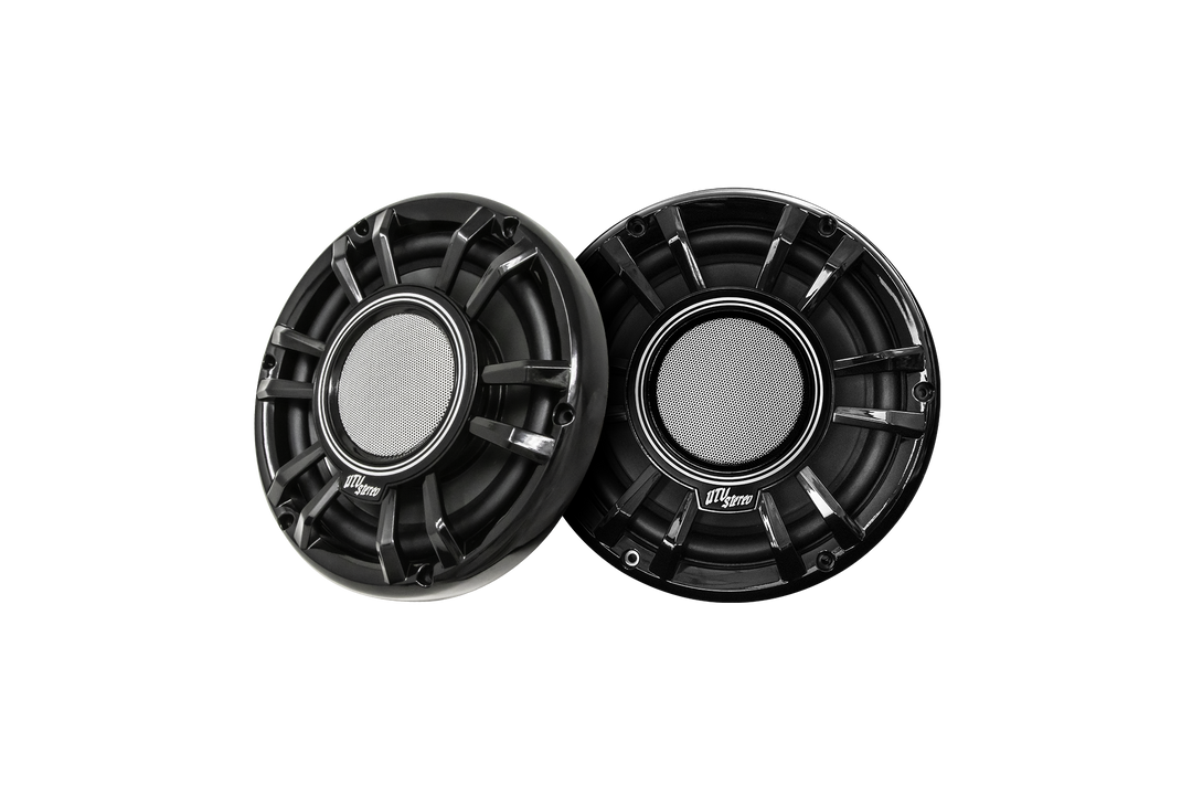 Two black UTV Stereo circular speakers with silver mesh centers