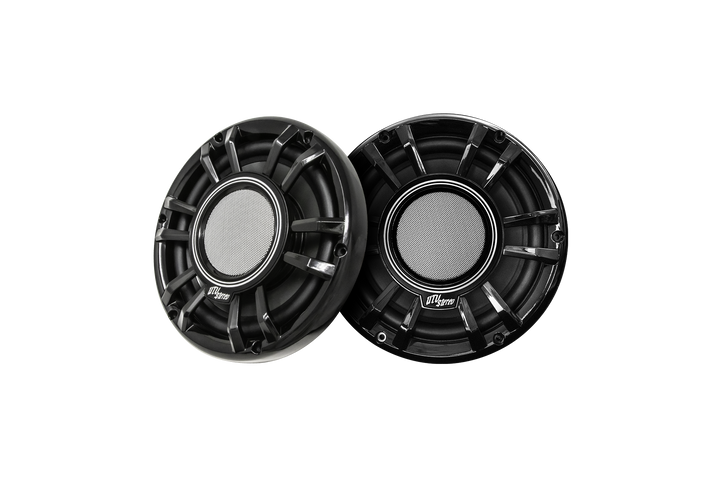 Two black UTV Stereo circular speakers with silver mesh centers