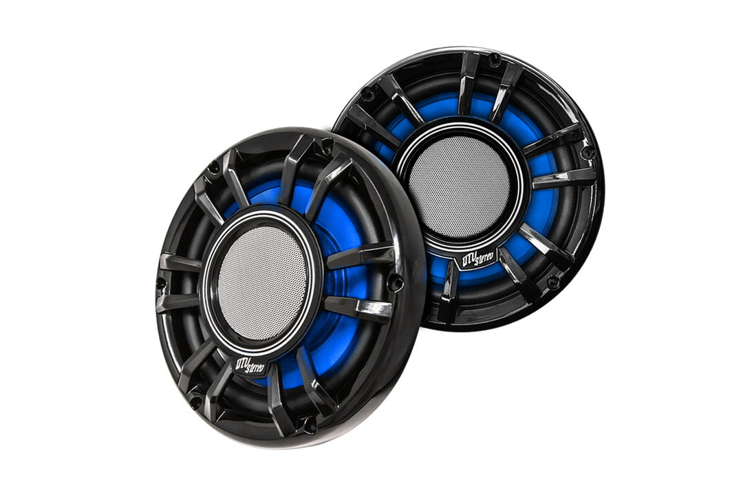 Two UTV Stereo black circular speakers with blue inner rings and silver mesh centers
