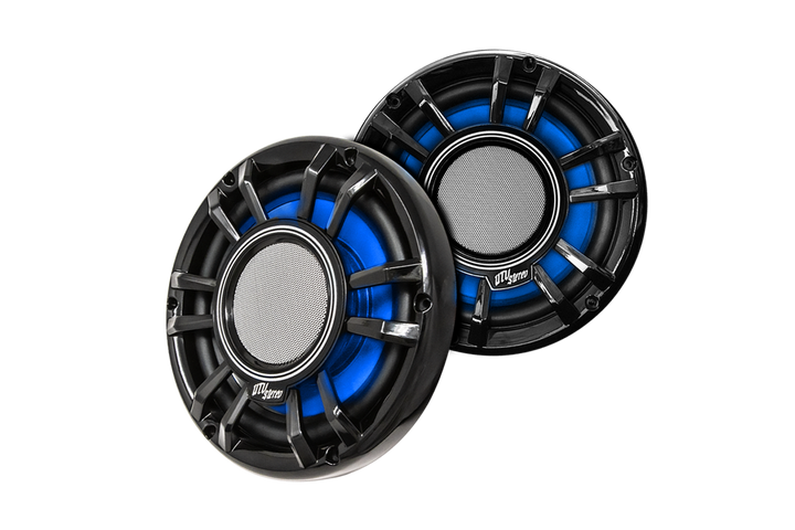Two UTV Stereo black circular speakers with blue inner rings and silver mesh centers