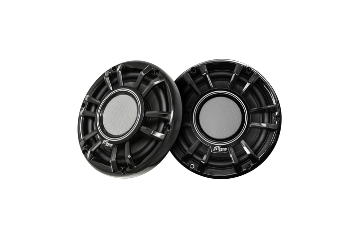Two black UTV Stereo speakers with silver mesh centers