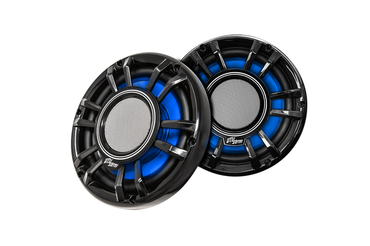Two UTV Stereo circular speakers with black grilles and blue LED lighting