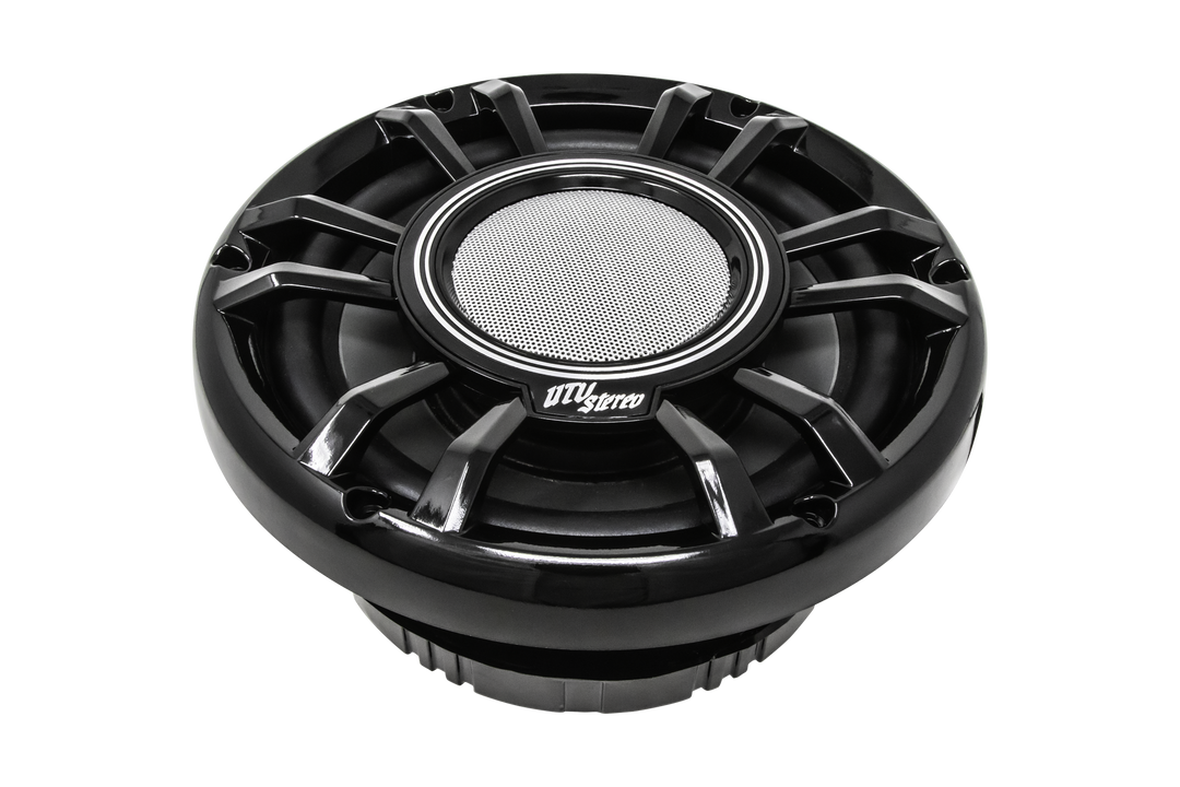 UTV Stereo black circular speaker with silver mesh center