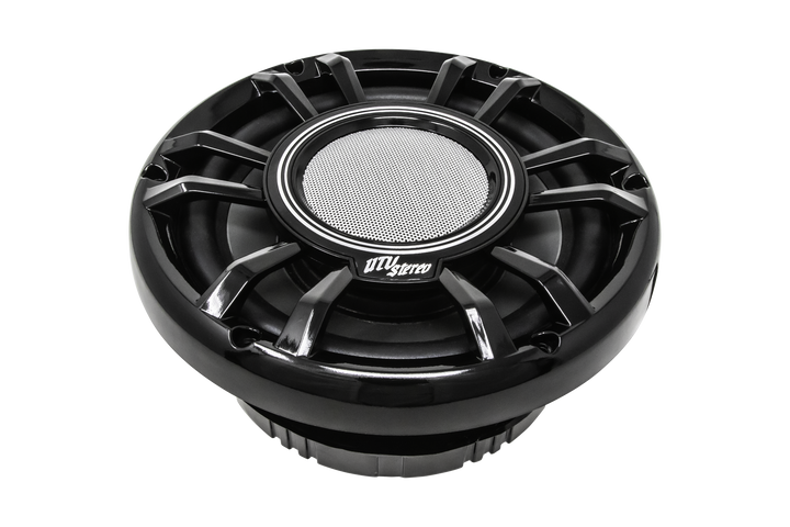 UTV Stereo black circular speaker with silver mesh center