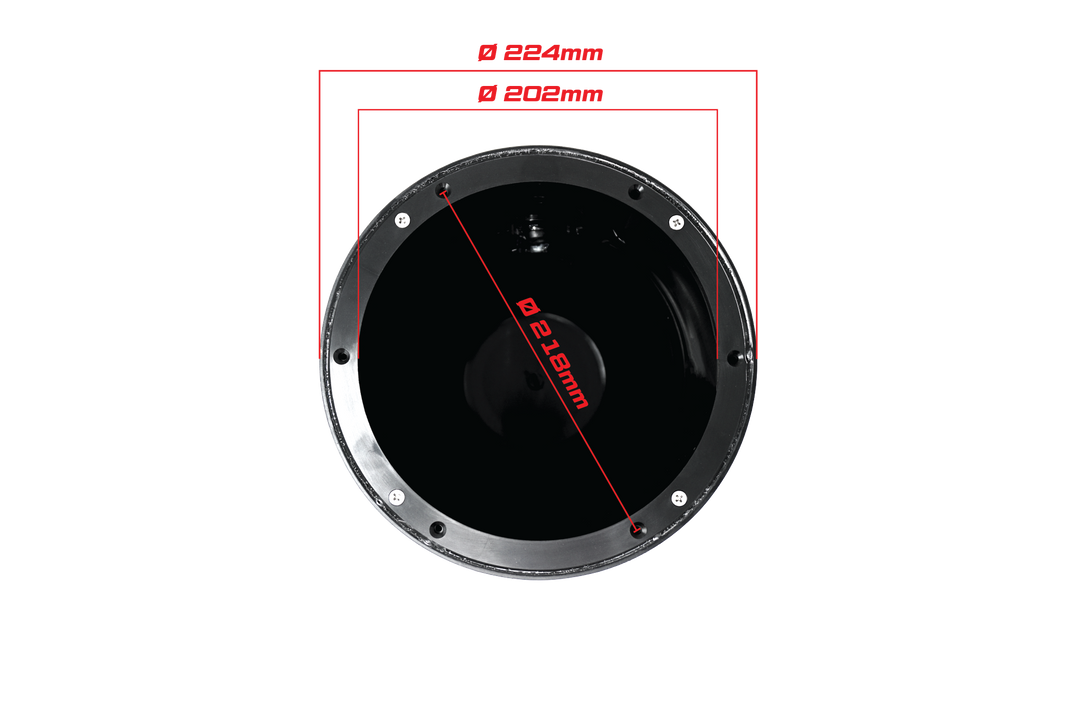 Technical diagram of a circular speaker housing showing dimensions of 224mm 202mm and 218mm