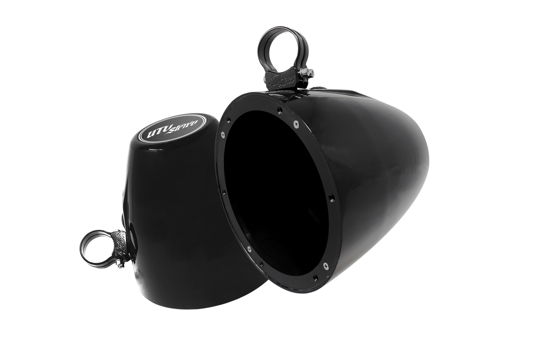 Two black UTV Stereo speaker pods with mounting clamps
