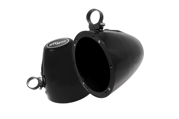 Two black UTV Stereo speaker pods with mounting clamps