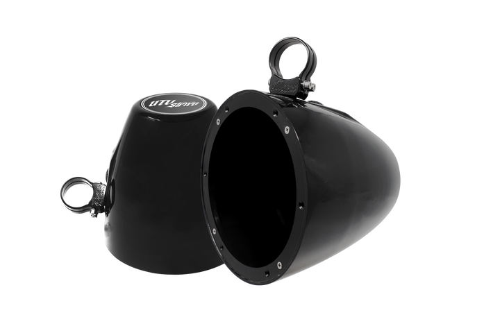 Two black UTV Stereo speaker pods with mounting clamps
