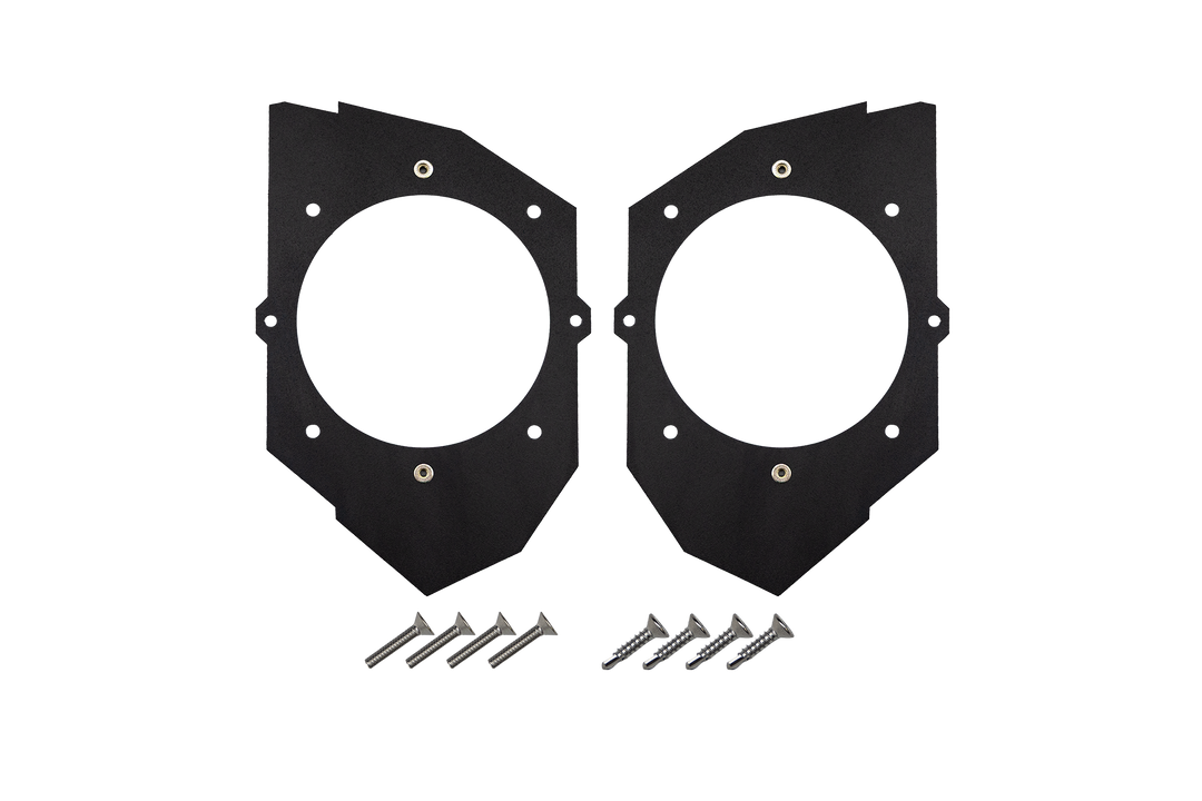 Two black metal speaker mounting brackets with eight silver screws