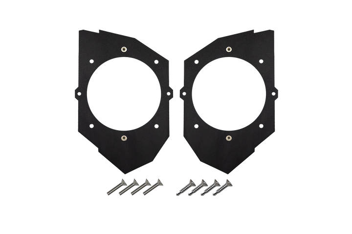 Two black metal speaker mounting brackets with eight silver screws