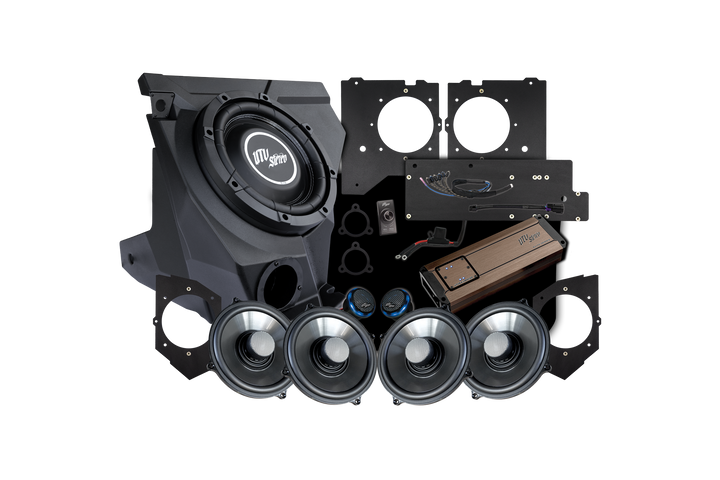 UTV Stereo audio system kit including subwoofer enclosure, amplifier, four speakers, and mounting brackets