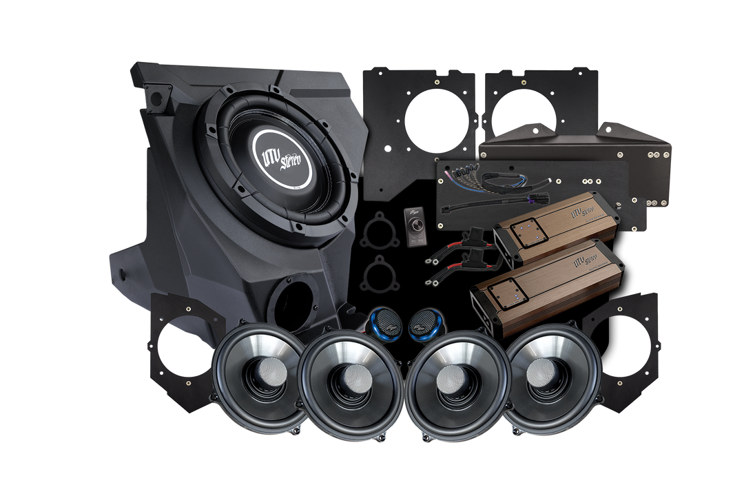 UTV Stereo Elite audio system kit with subwoofer enclosure, four speakers, two amplifiers, and mounting hardware