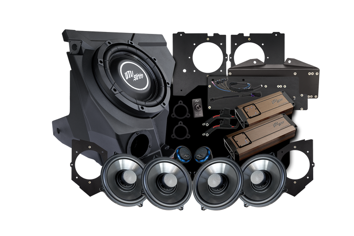 UTV Stereo Elite audio system kit with subwoofer enclosure, four speakers, two amplifiers, and mounting hardware