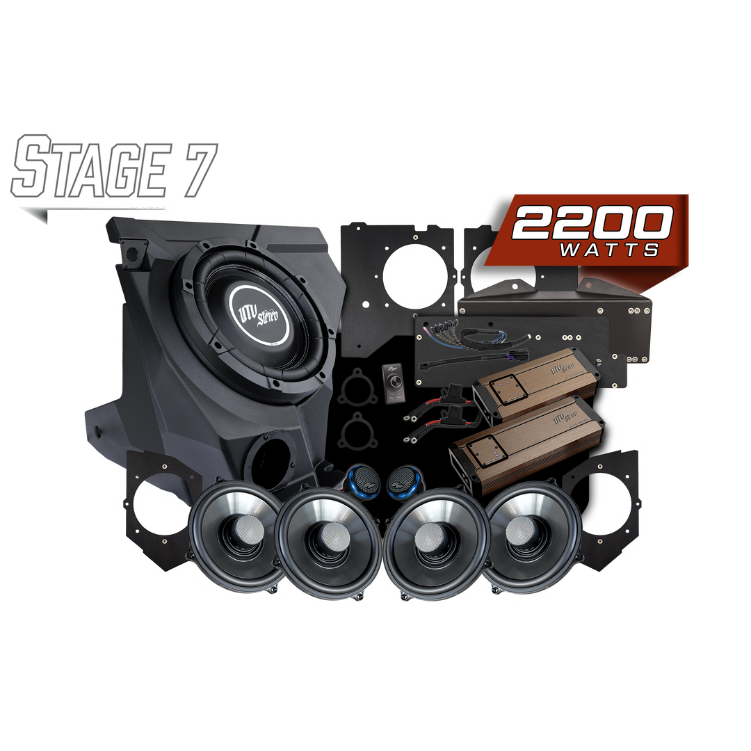 UTV Stereo Stage 7 2200 watt audio system kit with subwoofer speakers amplifiers and mounting hardware