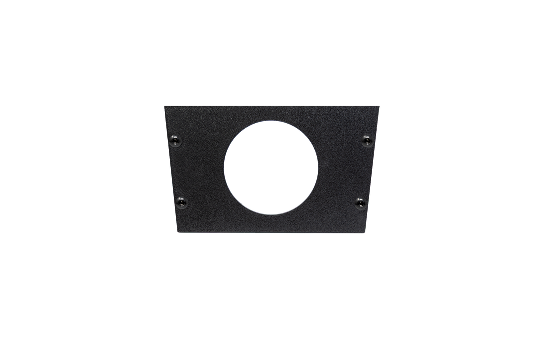 Black trapezoidal mounting plate with a central circular cutout and four corner screws