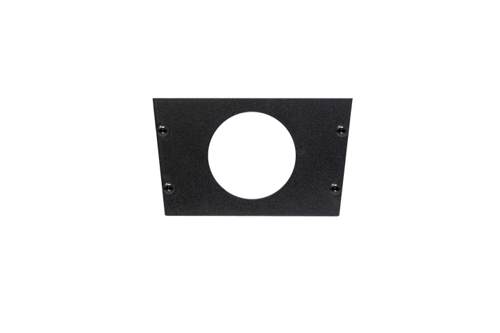 Black trapezoidal mounting plate with a central circular cutout and four corner screws