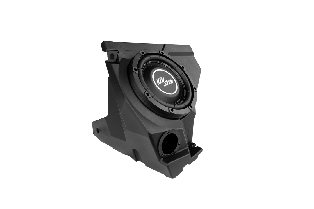 UTV Stereo black subwoofer enclosure with integrated speaker