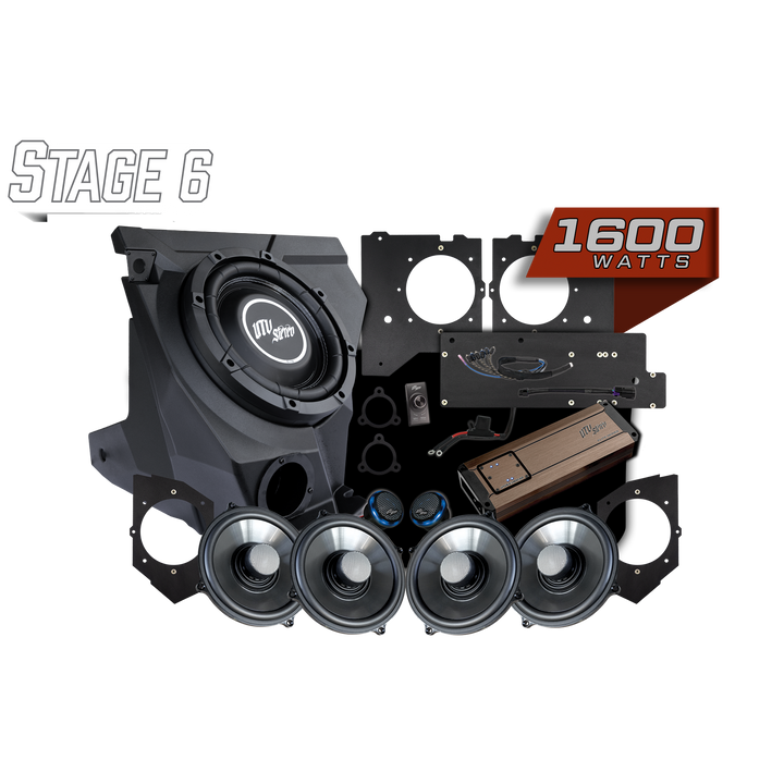 UTV Stereo Stage 6 1600 watt audio system including subwoofer enclosure speakers amplifier and mounting hardware