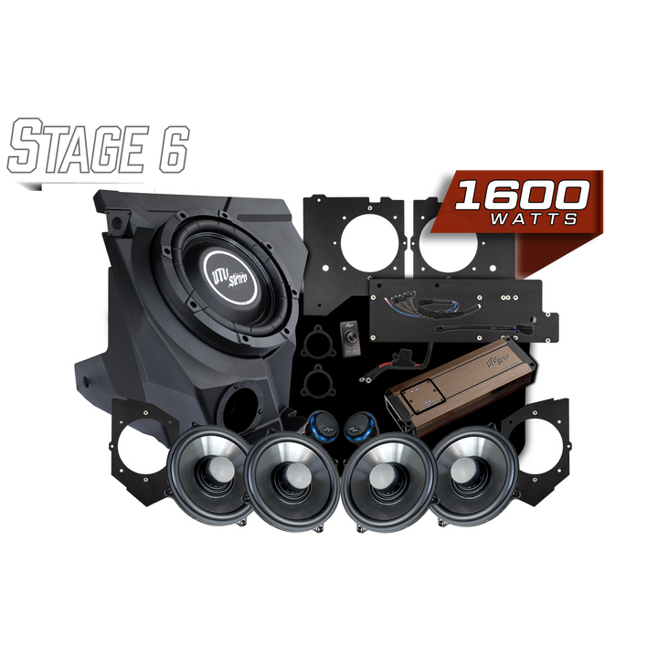 UTV Stereo Stage 6 audio system kit with subwoofer amplifier speakers and mounting hardware
