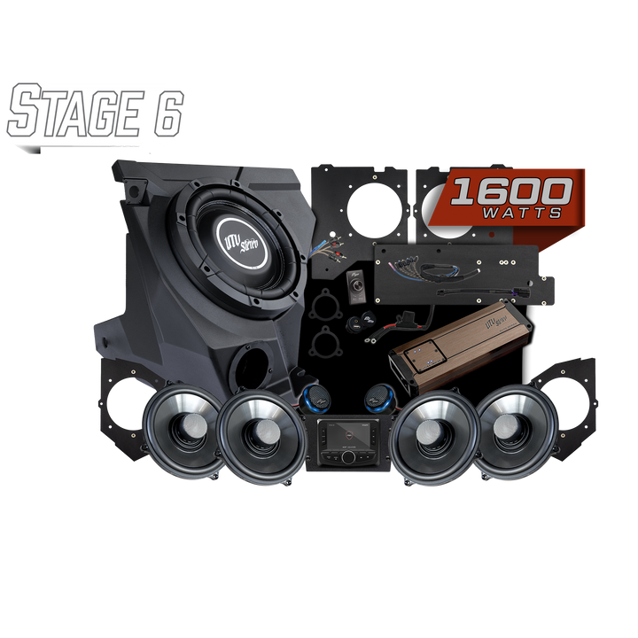 UTV Stereo Stage 6 audio system kit with subwoofer, speakers, amplifier, and head unit