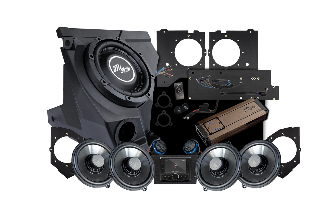 UTV Stereo audio system kit including subwoofer enclosure speakers amplifier and mounting hardware