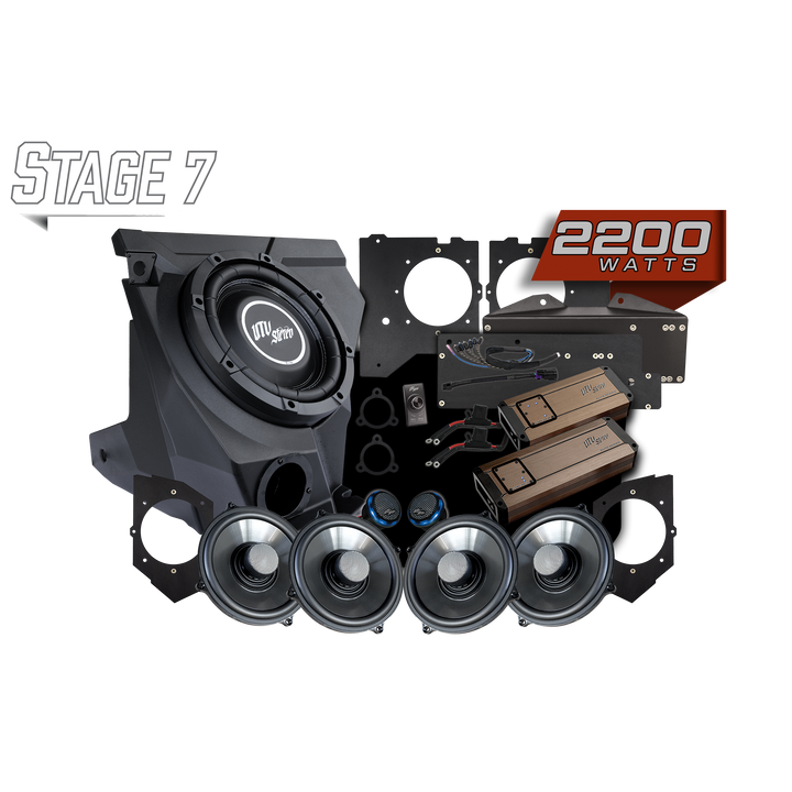 UTV Stereo Stage 7 audio system kit with subwoofer enclosure, four speakers, two amplifiers, and mounting brackets