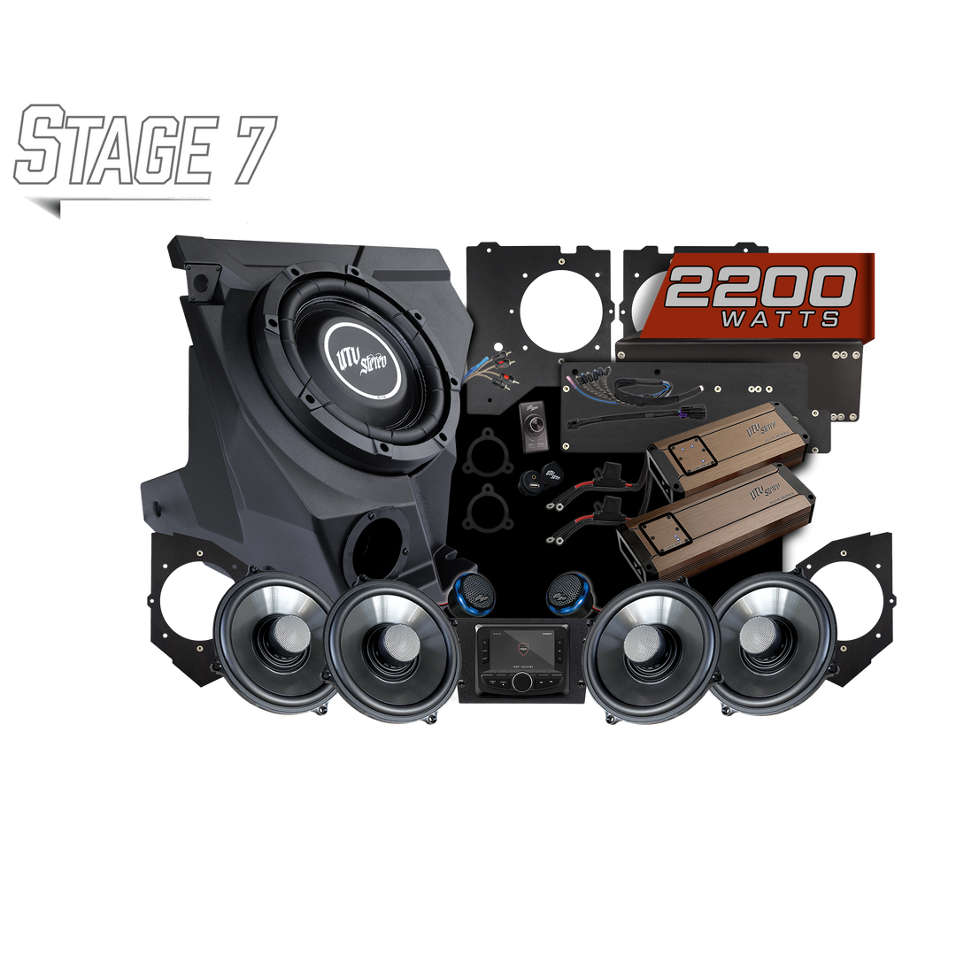 UTV Stereo Stage 7 audio system kit with subwoofer, four speakers, two amplifiers, and head unit