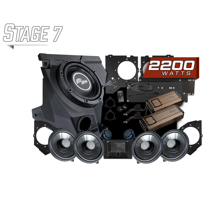UTV Stereo Stage 7 audio system kit with subwoofer speakers amplifiers and wiring components